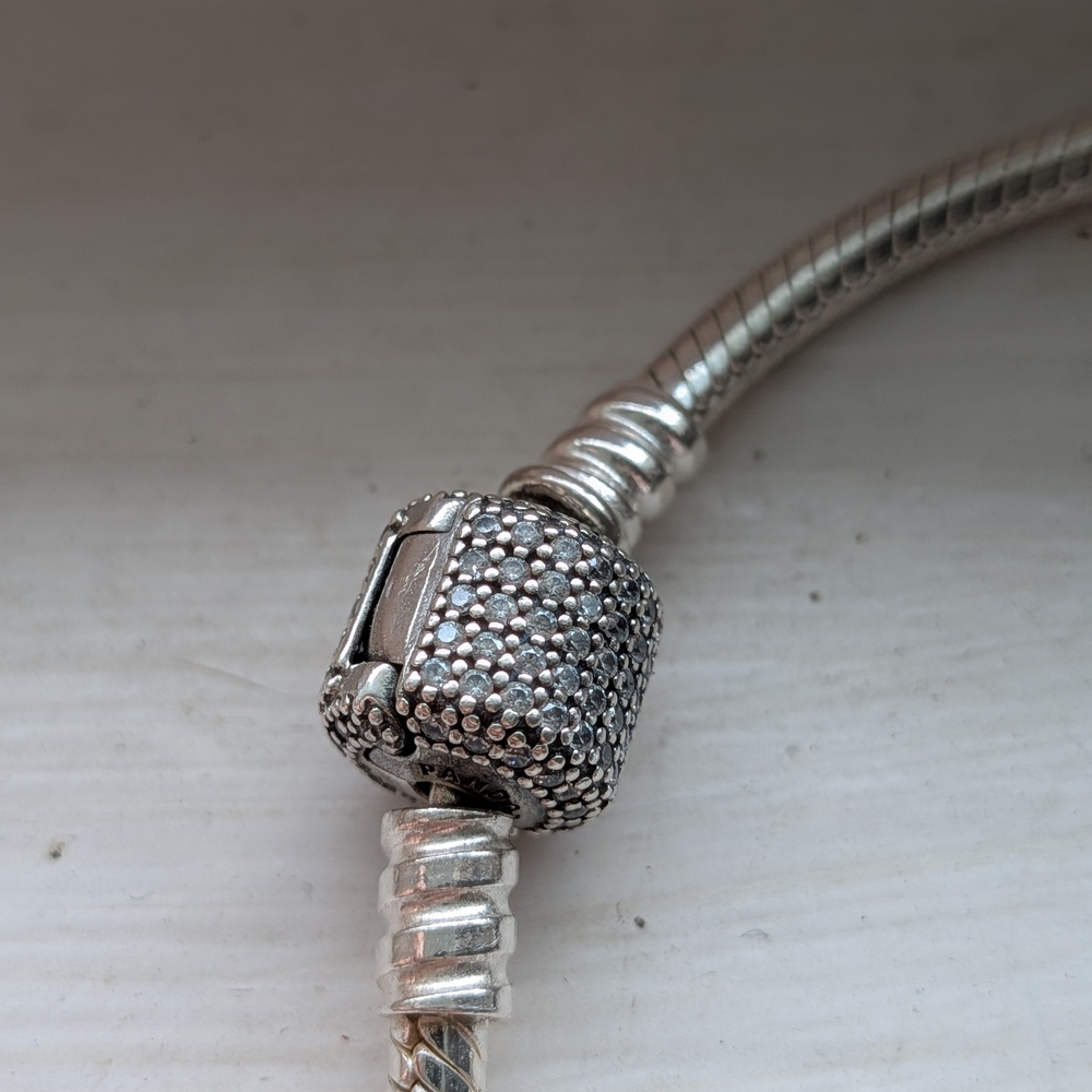 Pandora Bracelet with Charms: Blue Glass and Silver Floral Accents - Picture 6 of 7